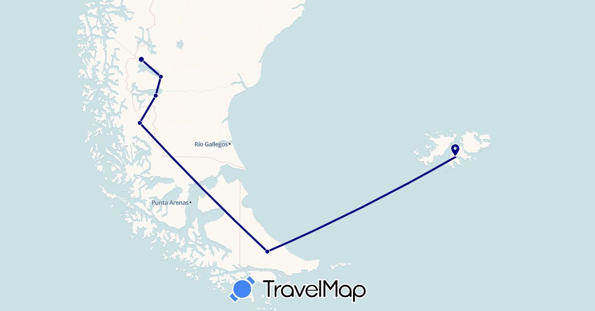 TravelMap itinerary: driving in Argentina, Chile, Falkland Islands (South America)
